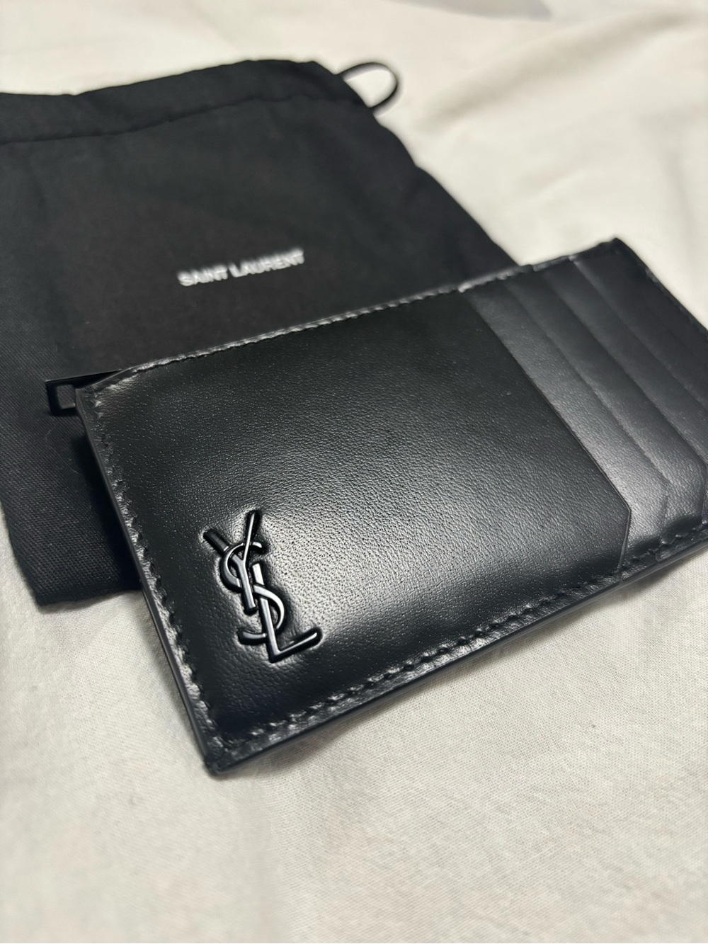 Saint Laurent Matte Black Leather Card & Key Holder with YSL Logo